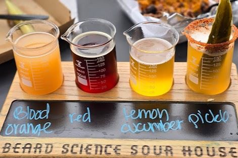 Four sour beers in lab beakers