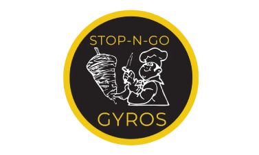 Stop-N-Go Gyros logo with a chef slicing meat inside a black and yellow circle.
