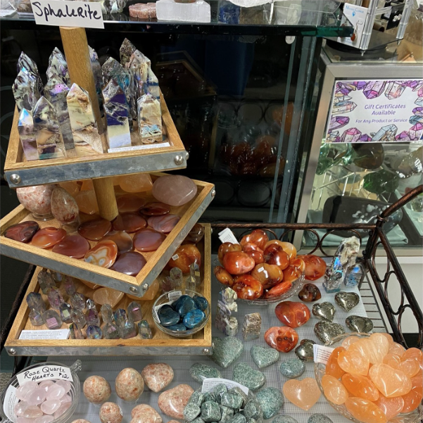 Display of polished crystals and heart-shaped stones