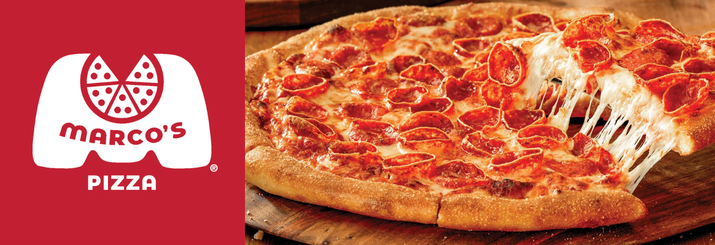 Marco’s Pizza logo next to a pepperoni pizza with a slice being pulled and melted cheese stretching